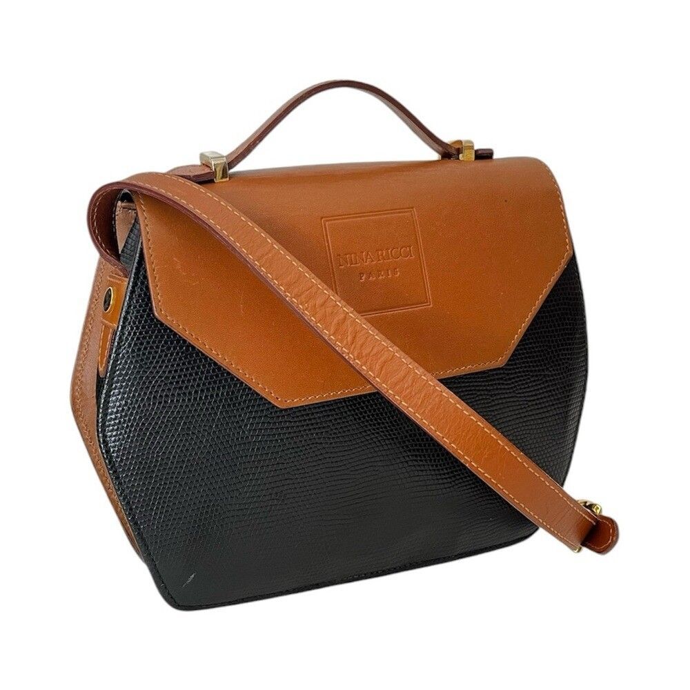 Nina Ricci VTG Leather Bag Satchel Crossbody Lizard Black Brown Old Money ITALY